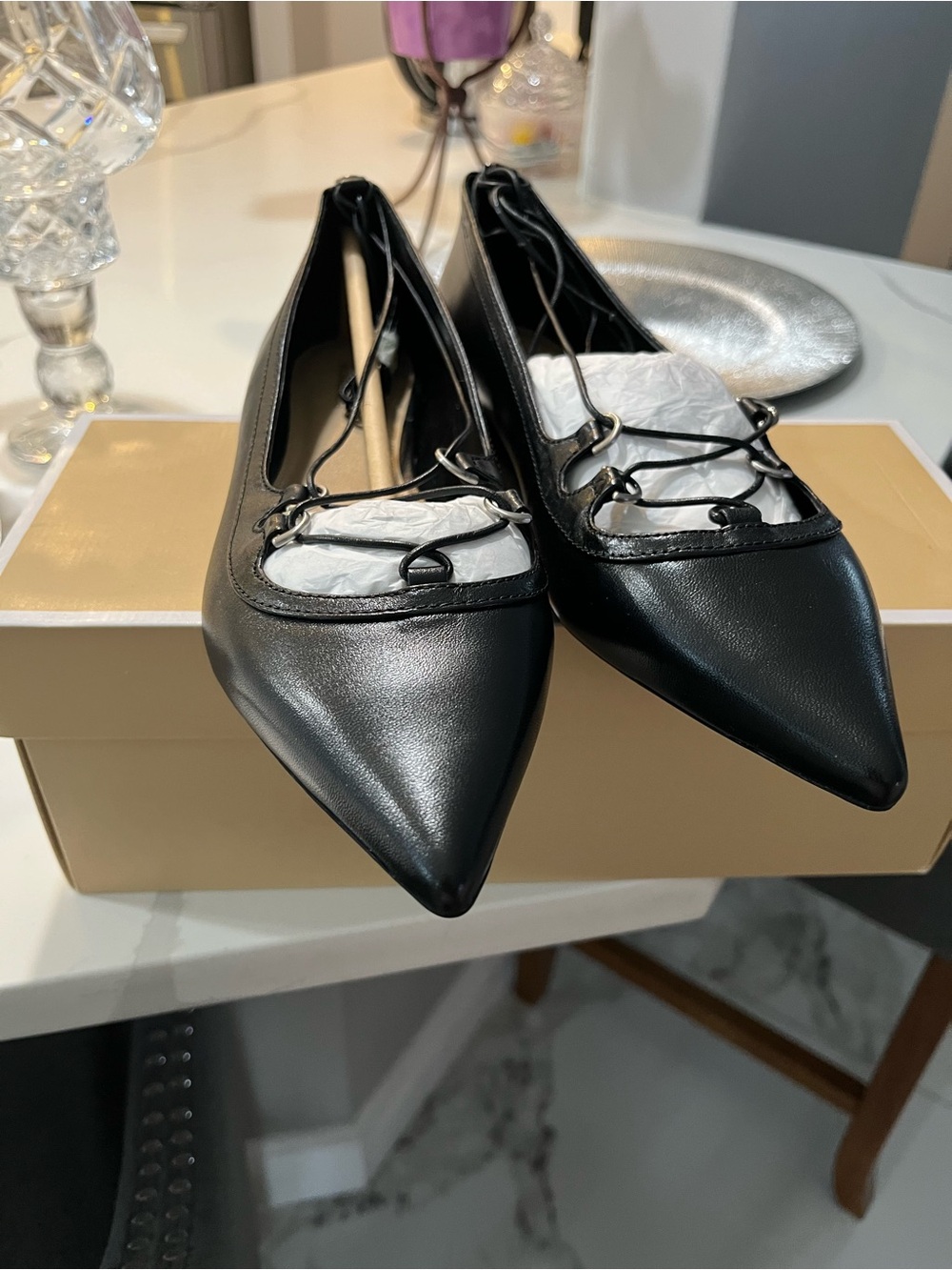 Michael Kors Black Pointed Leather Lace-Up Ballet Flats